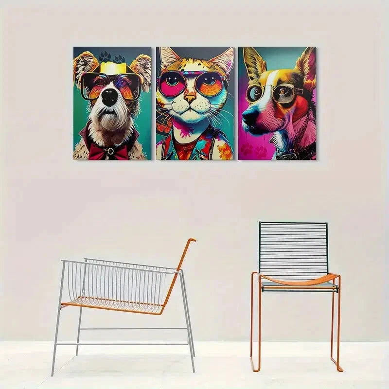 3pcs Colorful Pet Glasses & Bow Ties Metal Print Ready to Hang Art