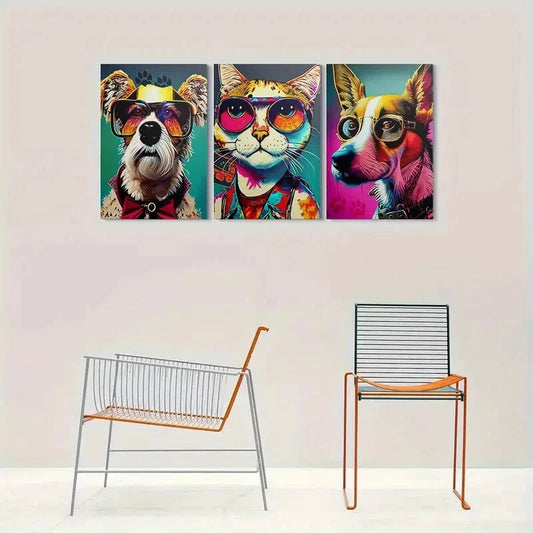 3pcs Colorful Pet Glasses & Bow Ties Metal Print Ready to Hang Art