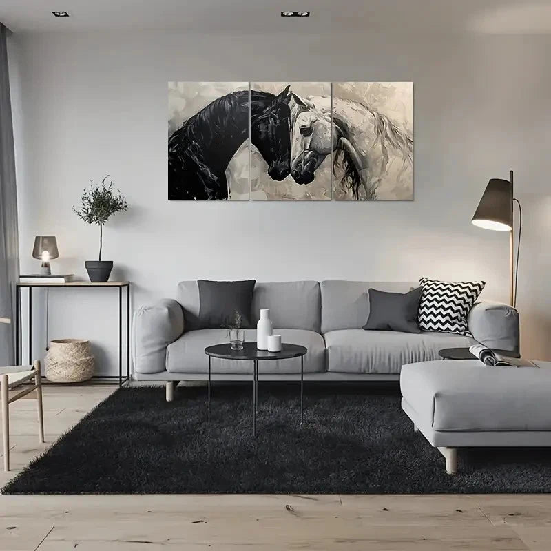 3pcs Modern Abstract Horse Black & White Wall Art Set Canvas Framed 60x90cm - High Quality Print 100% Australian Made Wall Canvas Ready to Hang
