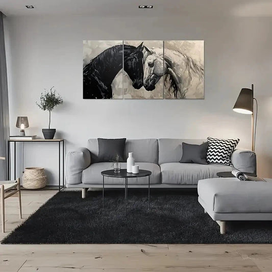 3pcs Modern Abstract Horse Black & White Wall Art Set Canvas Framed 60x90cm - High Quality Print 100% Australian Made Wall Canvas Ready to Hang