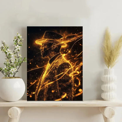 Glowing Silhouette Wearing His Iconic Fedora Jacket  40x60cm Metal Print Ready to Hang