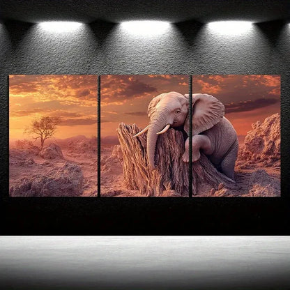 3pcs The Elephant on The Tree Stump Metal Print Ready to Hang Art
