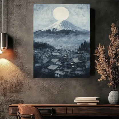 Beautiful Moon Over Traditional Village Painting 40x60cm Metal Print Ready to Hang