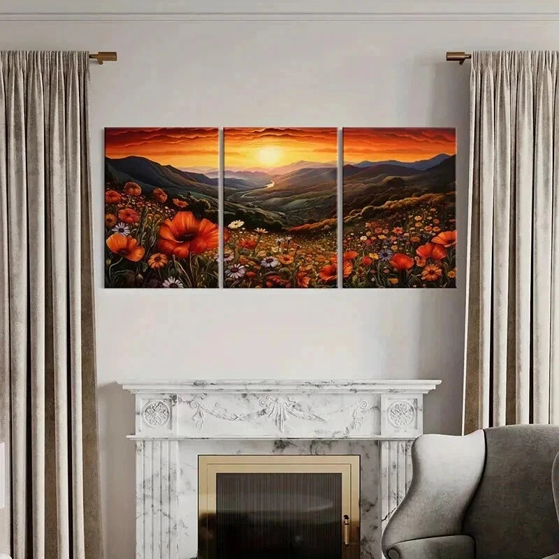 3pcs Vibrant Sunset Mountain Flower & River Wall Art Set Canvas Framed 40x60cm - High Quality Print 100% Australian Made Wall Canvas Ready to Hang