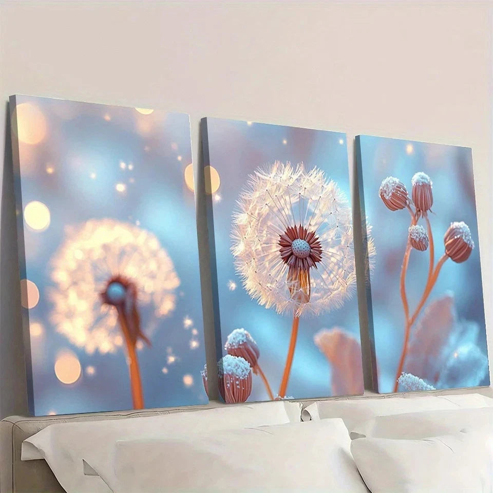 3pcs Vibrant Blue & Golden Dandelion Wall Art Set Canvas Framed 40x60cm - High Quality Print 100% Australian Made Wall Canvas Ready to Hang