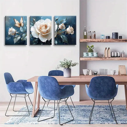 3pcs Elegant White Rose Butterfly Metal Print Ready to Hang Art