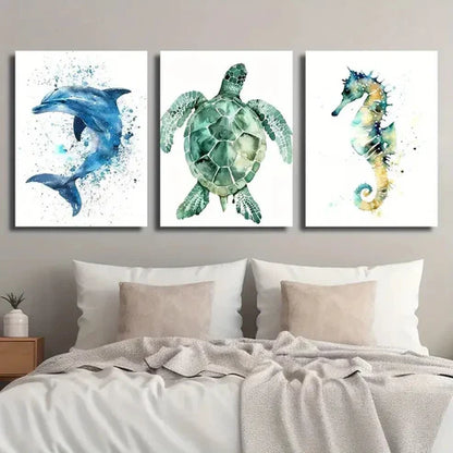 3pcs Pacific Dolphin Green Turtle and Seahorse Wall Art Set Canvas Unframed - High Quality Print 100% Australian Made Wall Canvas