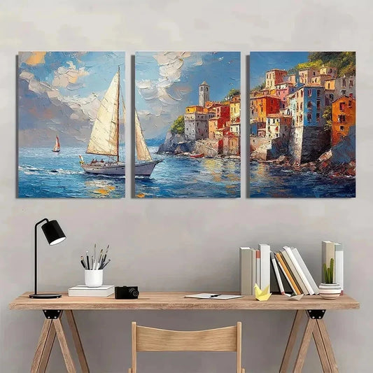 3pcs Vibrant Sailboat & Coastal Town Perfect Wall Art Set Canvas Framed 40x60cm - High Quality Print 100% Australian Made Wall Canvas Ready to Hang