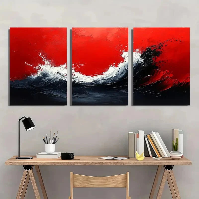 3pcs Modern Abstract Red and Black Wave Metal Print Ready to Hang Art