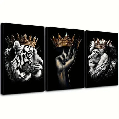 3pcs Crowned Lion and Tiger Decorative Pattern Wall Art Set Canvas Unframed - High Quality Print 100% Australian Made Wall Canvas