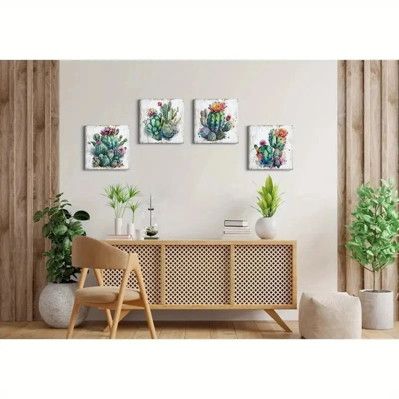 4pcs Cactus Decor Succulent  Wall Art Canvas Framed
