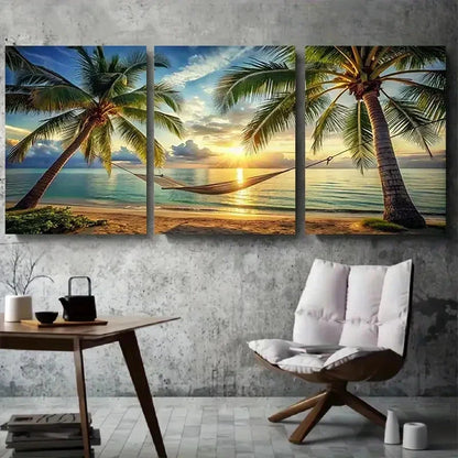 3pcs Beach Sunset Palm Tree Hammock & Ocean Metal Print Ready to Hang Art