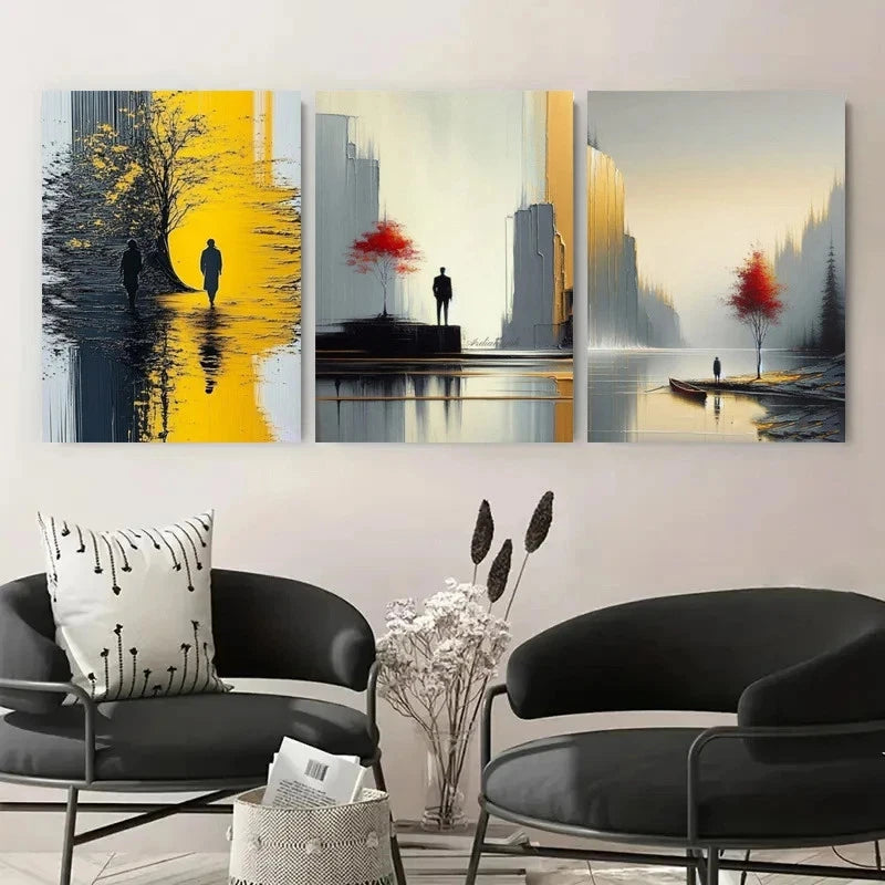 3pcs Modern Silhouette Yellow & Red Trees Metal Print Ready to Hang Art