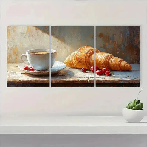 3pcs Coffee & Croissant Morning Scene CC Wall Art Set Canvas Unframed - High Quality Print 100% Australian Made Wall Canvas