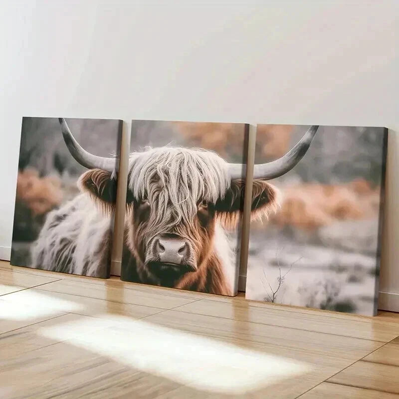 3pcs Animal Aesthetic Highland Cattle Wall Art Set Canvas Framed 40x60cm - High Quality Print 100% Australian Made Wall Canvas Ready to Hang