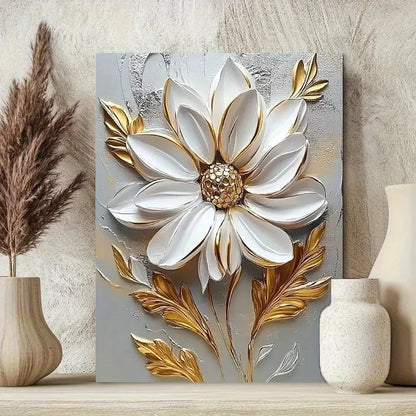Elegant White & Golden Floral Painting Butterflies 40x60cm Metal Print Ready to Hang