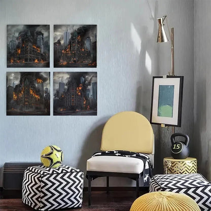 4pcs Fire-Ravaged Cityscape with DramaticWall Art Canvas Framed