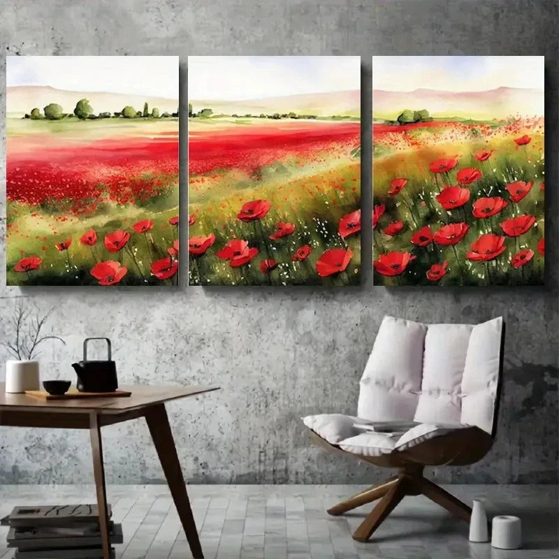 3pcs Vibrant Red Poppy Field Watercolor Metal Print Ready to Hang Art