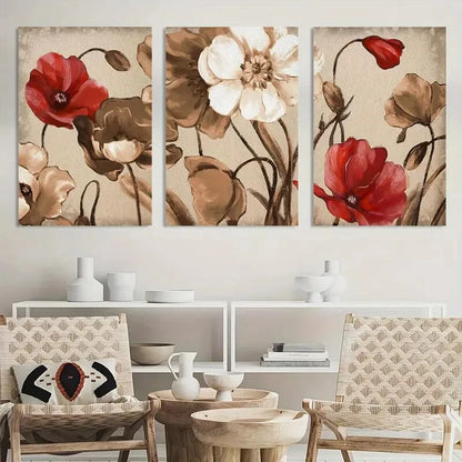 3pcs Vintage Floral Brown & Red Flowers Metal Print Ready to Hang Art