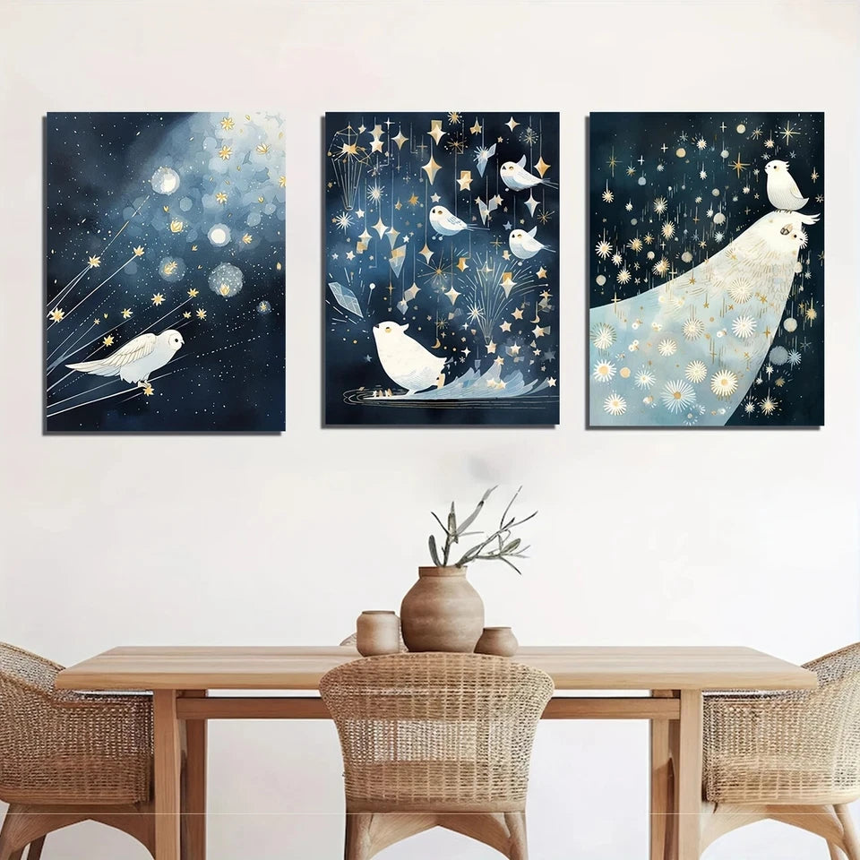3pcs Night Sky Whimsical Owls & Stars Romantic Metal Print Ready to Hang Art