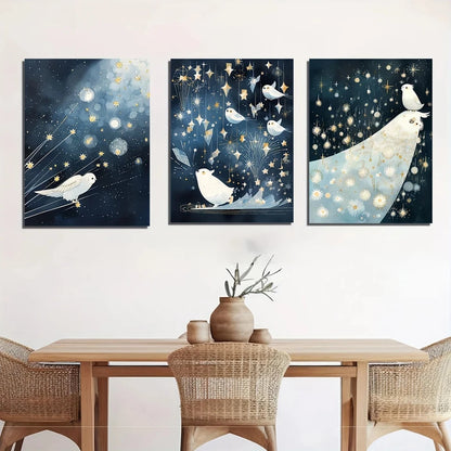 3pcs Night Sky Whimsical Owls & Stars Romantic Metal Print Ready to Hang Art