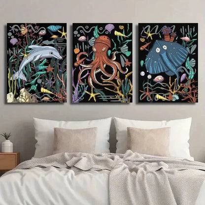 3pcs Dolphin Octopus Stingray Underwater Wall Art Set Canvas Unframed - High Quality Print 100% Australian Made Wall Canvas
