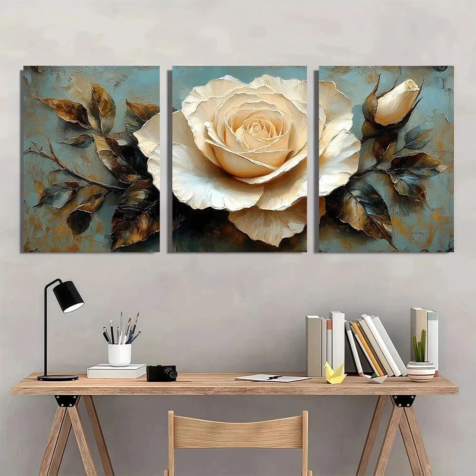 3pcs Elegant White Rose Modern French Style Metal Print Ready to Hang Art