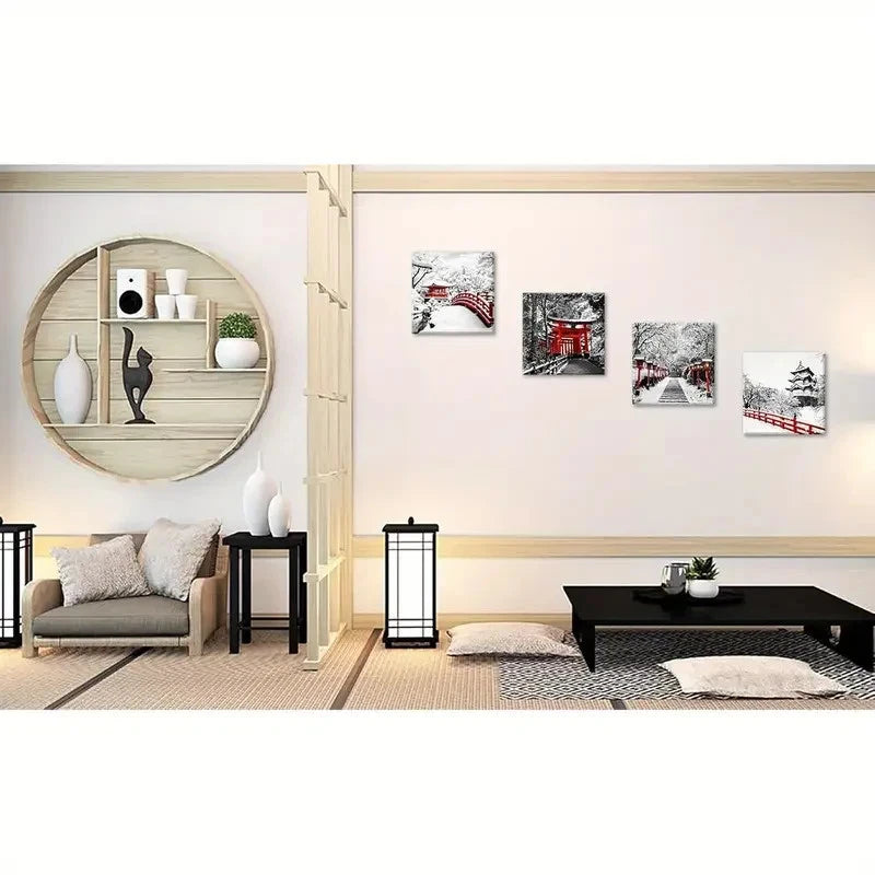 4pcs Japanese Asian Nature Landscape Black White Wall Art Canvas Framed
