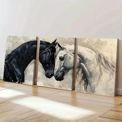 3pcs Abstract Black White Horses Love Wall Art Set Canvas Framed 40x60cm - High Quality Print 100% Australian Made Wall Canvas Ready to Hang