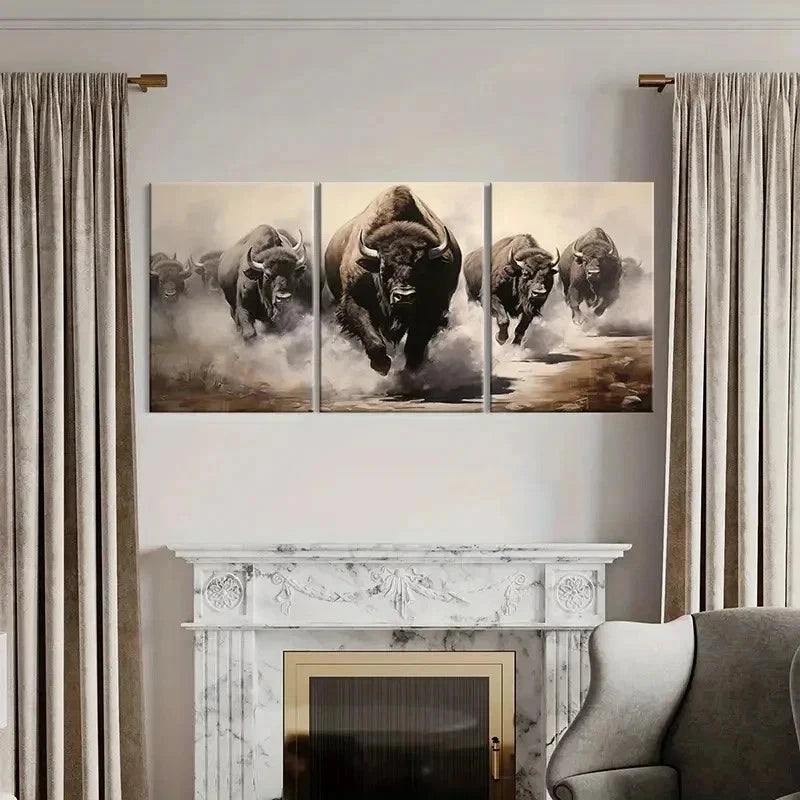 3pcs Running Bison Group Animal Painting Wall Art Set Canvas Framed 40x60cm - High Quality Print 100% Australian Made Wall Canvas Ready to Hang