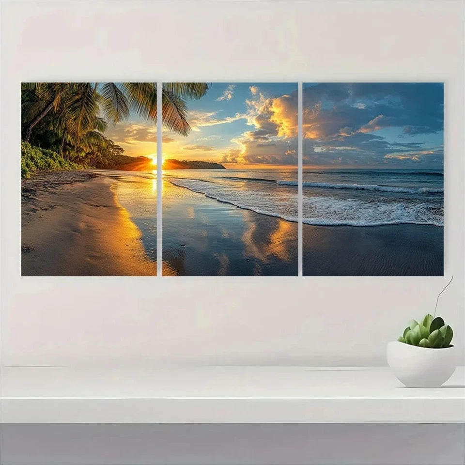 3pcs Beach Scenery Coconut Trees Sunset Metal Print Ready to Hang Art