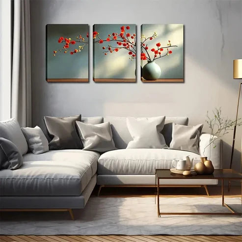 3pcs Elegant Red Plum Blossom Triptych Perfect Wall Art Canvas Unframed - High Quality Print 100% Australian Made Wall Canvas