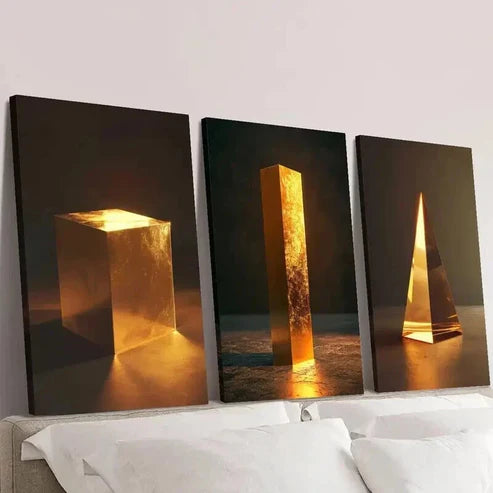 3pcs Luxurious Golden Cube Triangle Decoration Wall Art Canvas Unframed - High Quality Print 100% Australian Made Wall Canvas
