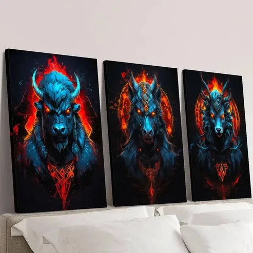 3pcs Ferocious Cattle Horse and Sheep Wall Art Canvas Unframed - High Quality Print 100% Australian Made Wall Canvas