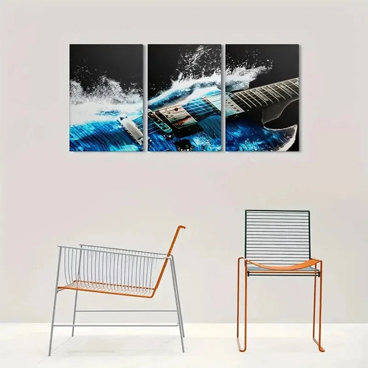 3pcs Electric Guitar Splash Abstract Music Metal Print Ready to Hang Art