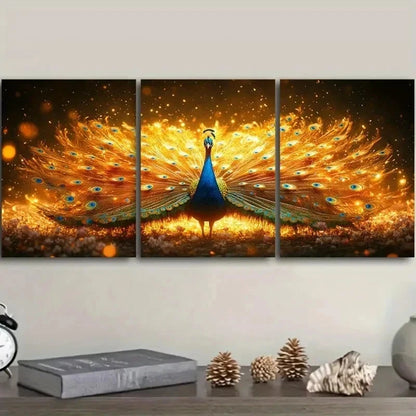 3pcs Golden Peacock Art Decoration Wall Art Set Canvas Framed 40x60cm - High Quality Print 100% Australian Made Wall Canvas Ready to Hang