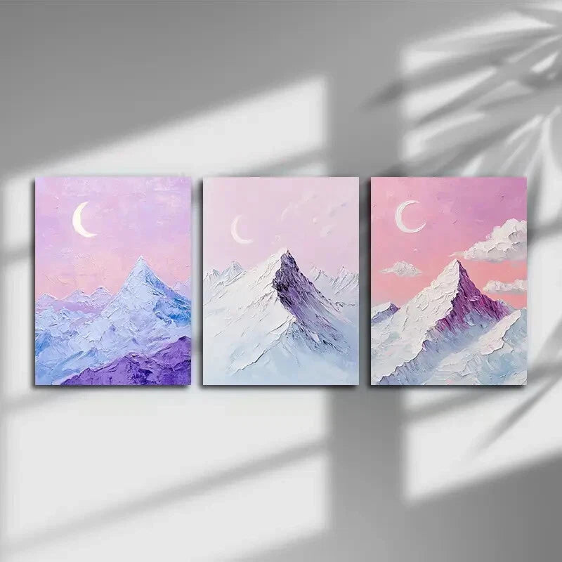 3pcs Crescent Moon Over Mountain Peaks Metal Print Ready to Hang Art