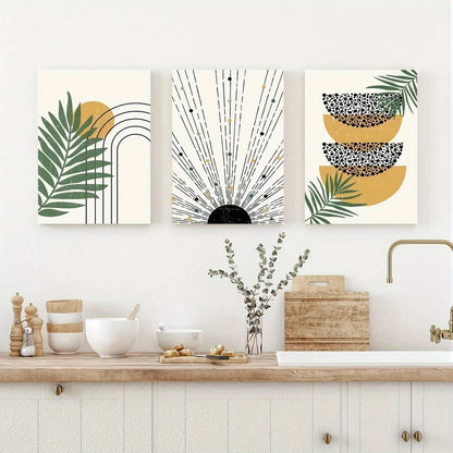 3pcs Green Leaf & Geometric Design Metal Print Ready to Hang Art