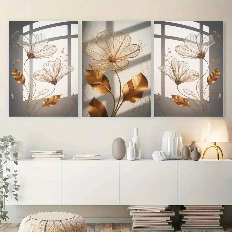3pcs Featuring Golden Flowers And Abstract Lines Metal Print Ready to Hang Art