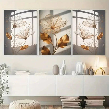 3pcs Featuring Golden Flowers And Abstract Lines Metal Print Ready to Hang Art