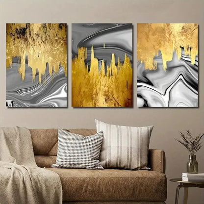 3pcs Golden & Silvery Fluid Design Perfect Wall Art Set Canvas Framed 40x60cm - High Quality Print 100% Australian Made Wall Canvas Ready to Hang