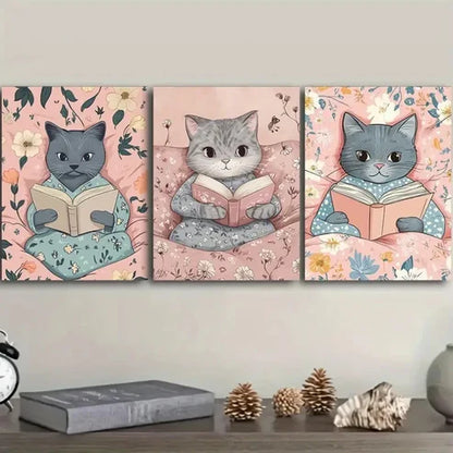 3pcs Cat reads Wall Art Set Canvas Unframed - High Quality Print 100% Australian Made Wall Canvas - Bella Home Decor