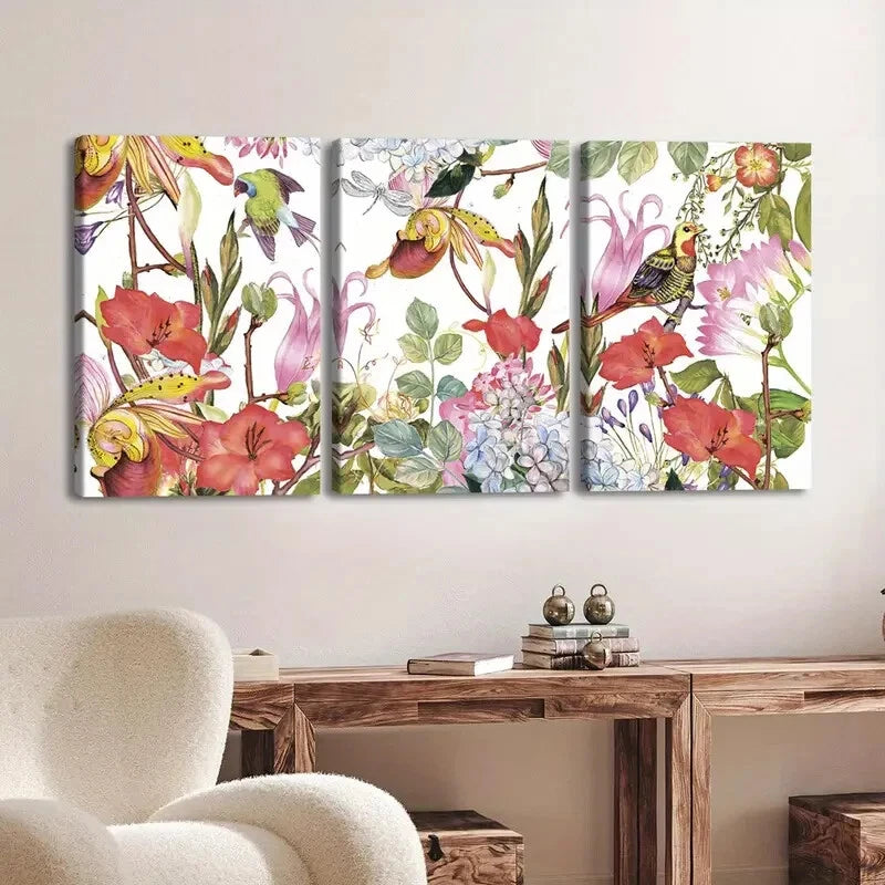 3pcs Vibrant Floral & Birds Red Flowers Parrots Wall Art Set Canvas Framed 40x60cm - High Quality Print 100% Australian Made Wall Canvas Ready to Hang