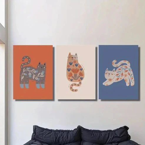 3pcs Cute Cartoon Nordic Niche Cats Wall Art Set Canvas Unframed - High Quality Print 100% Australian Made Wall Canvas