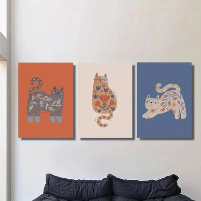 3pcs Cute Cartoon Nordic Niche Cats Wall Art Set Canvas Unframed - High Quality Print 100% Australian Made Wall Canvas