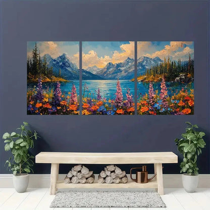 3pcs Vibrant Wildflower Scenery with Mountains Metal Print Ready to Hang Art