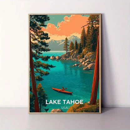 Lake Tahoe USA Snow-Capped Mountains & Pine Trees Travel Poster Print Wall Art
