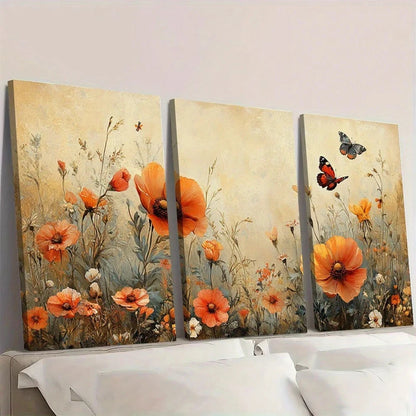 3pcs Vintage Butterflies in the Field Wall Art Set Canvas Framed 60x90cm - High Quality Print 100% Australian Made Wall Canvas Ready to Hang
