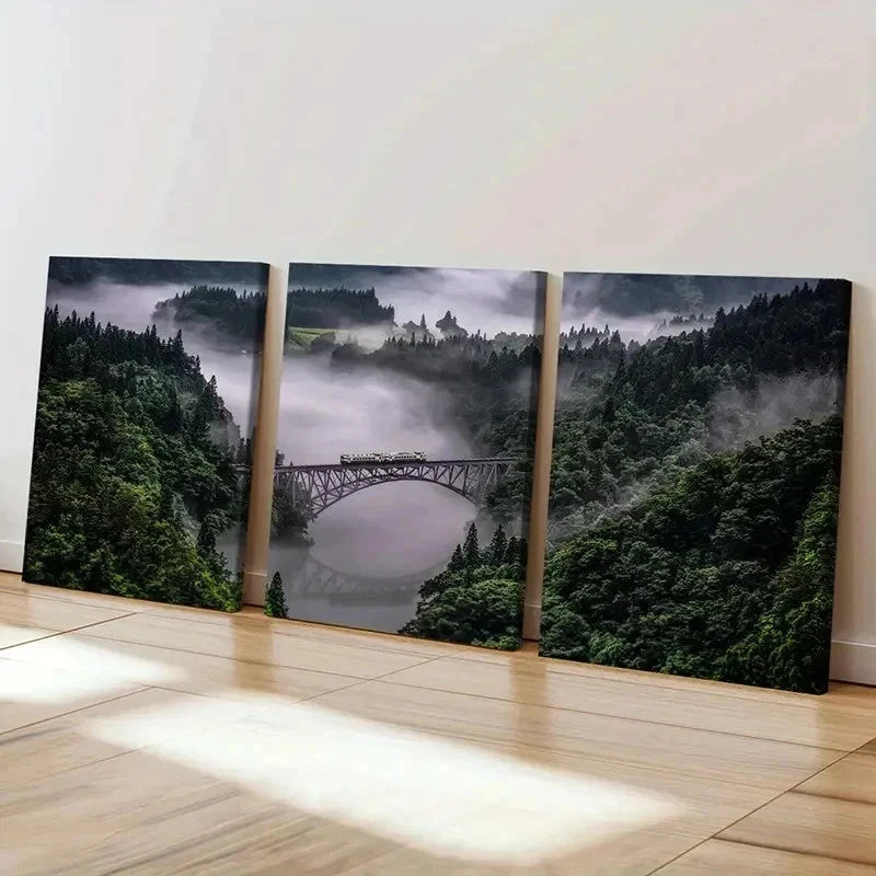 3pcs Misty Valleys Woods Bridges & Train Wall Art Set Canvas Framed 40x60cm - High Quality Print 100% Australian Made Wall Canvas Ready to Hang