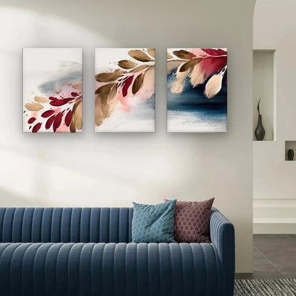 3pcs Modern Abstract Burgundy and Gold Leaves Wall Art Set Canvas Framed 40x60cm - High Quality Print 100% Australian Made Wall Canvas Ready to Hang